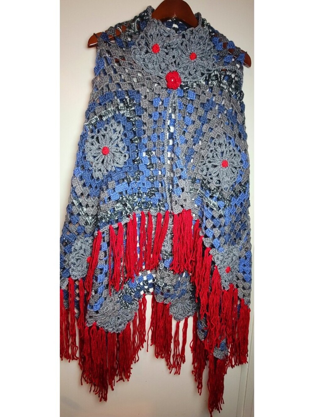 Handcrocheted Multicolor Poncho with Red Fringes M